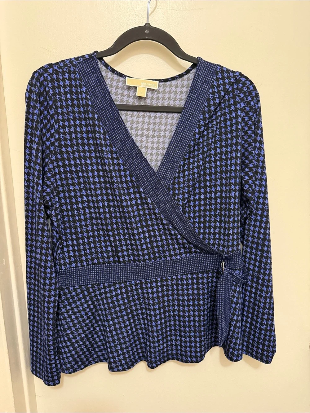 Michael Kors Blue and Black Houndstooth Wrap-Style Button Down Top
